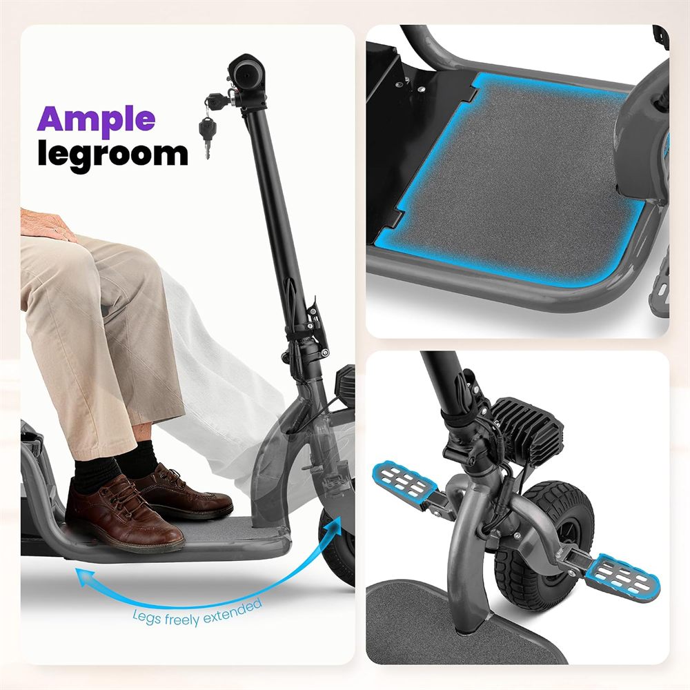 Senior riding the 3-wheel mobility scooter outdoors