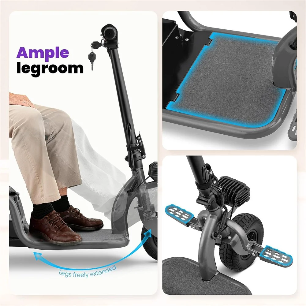 Senior riding the 3-wheel mobility scooter outdoors