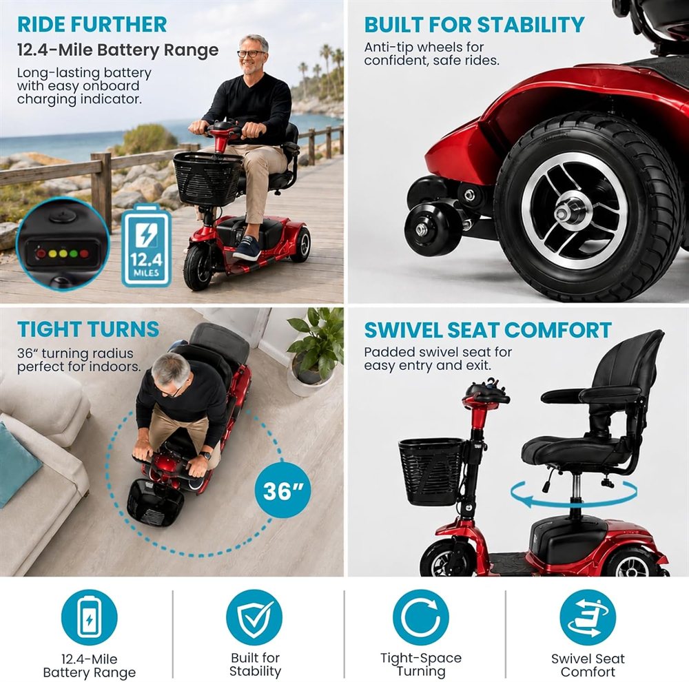 3-Wheel Standard features: 12-mile range, anti-tip stability, tight turns and swivel seat