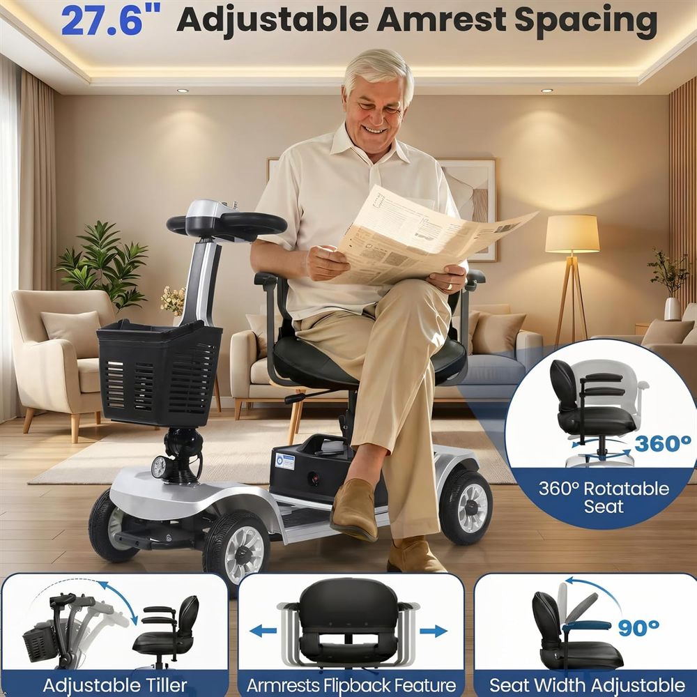 Confort scooter features: rotating seat and flip-back armrests
