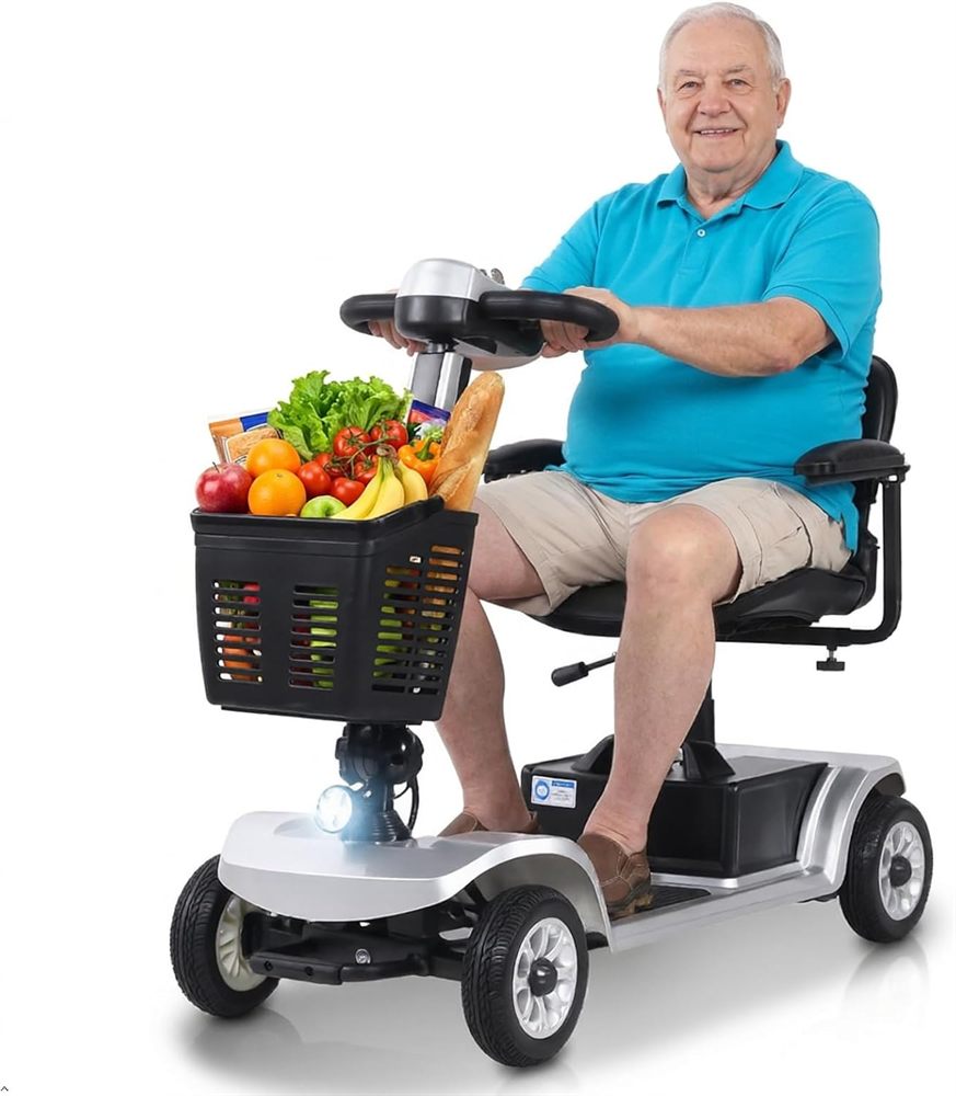 Rider on the Confort scooter with a full front basket