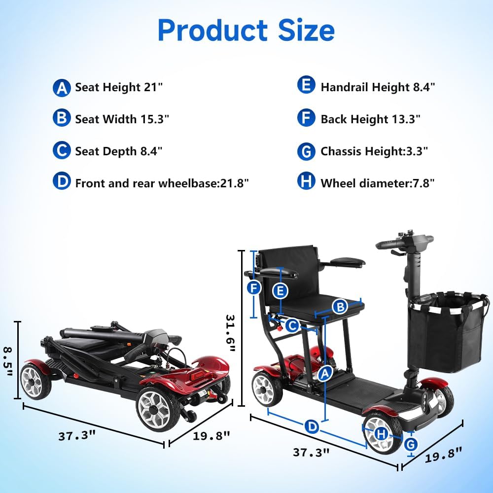 Standard scooter next to a suitcase, showing how small it folds