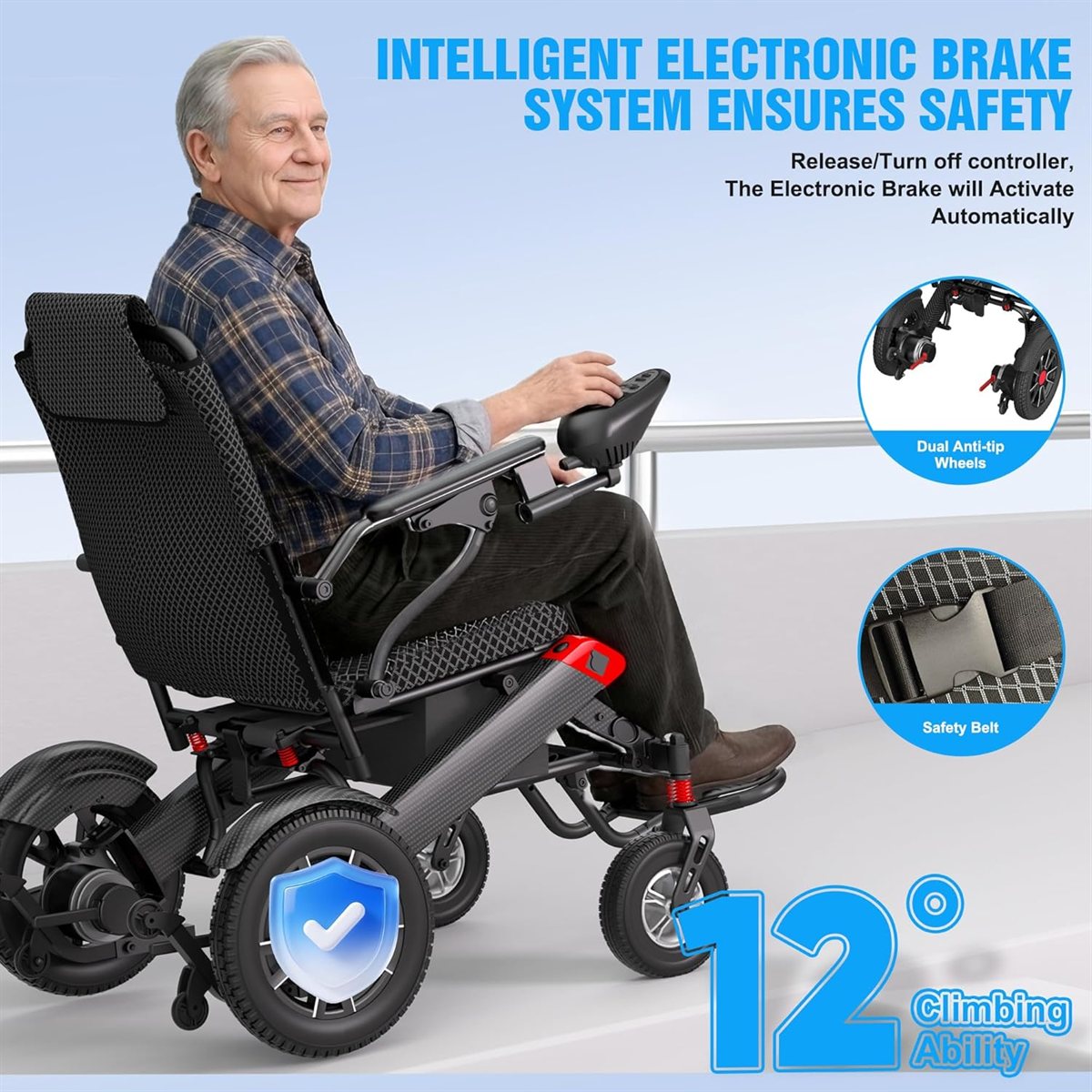 Long Range electric wheelchair with electronic brake system and 12-degree climbing ability