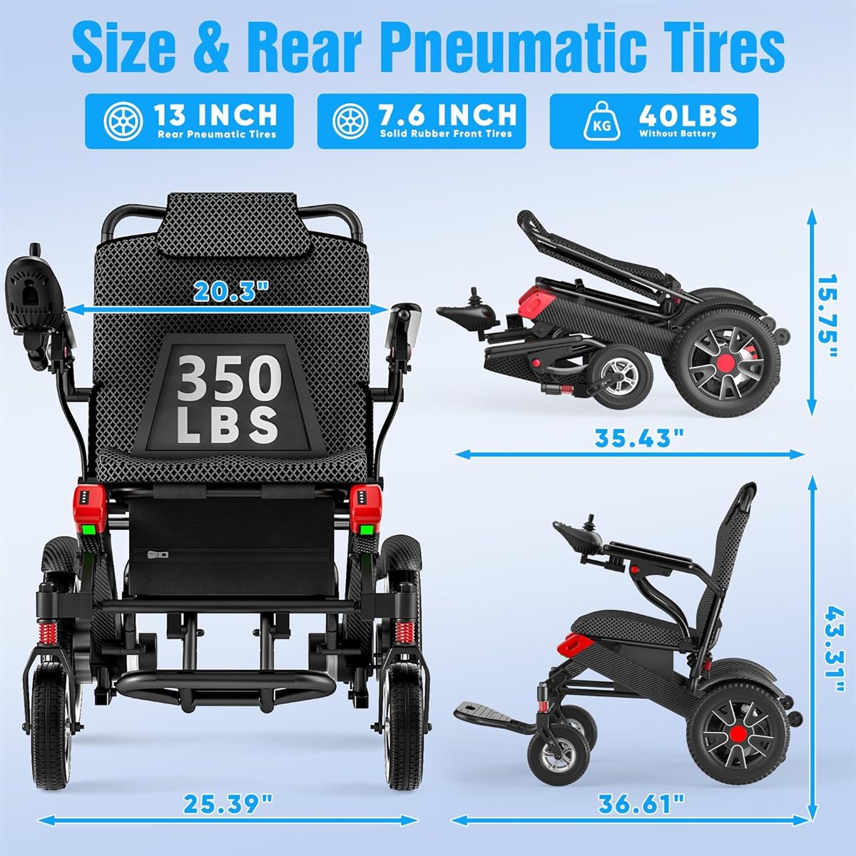 Long Range electric wheelchair size, 350 lb capacity and rear pneumatic tires