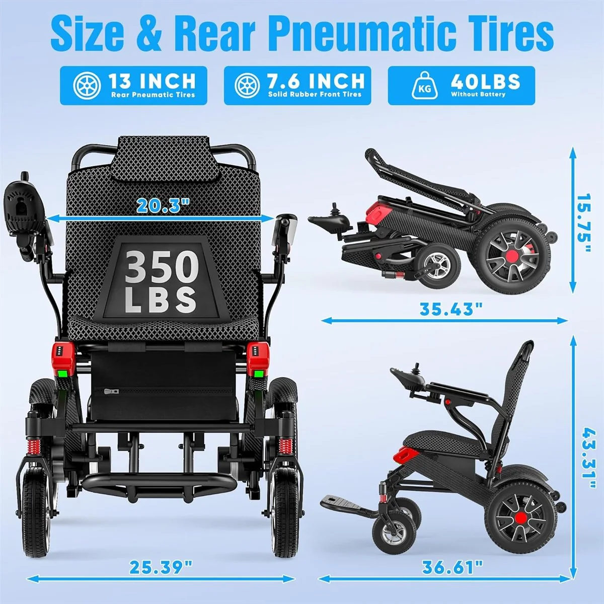 Long Range electric wheelchair size, 350 lb capacity and rear pneumatic tires