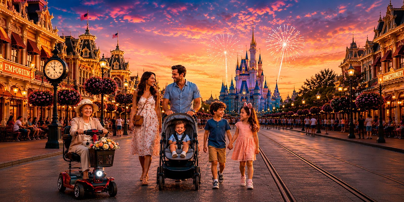 Family at Magic Kingdom — grandmother on a mobility scooter, toddler in a stroller, kids walking at golden hour