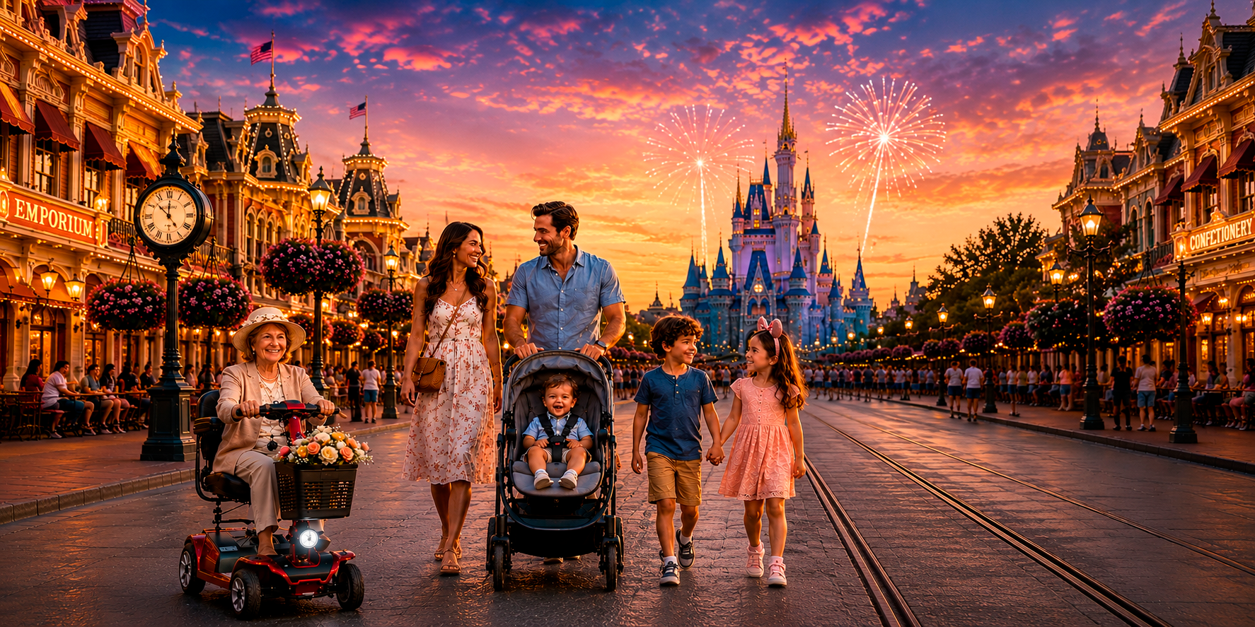 Family at Magic Kingdom — grandmother on a mobility scooter, toddler in a stroller, kids walking at golden hour