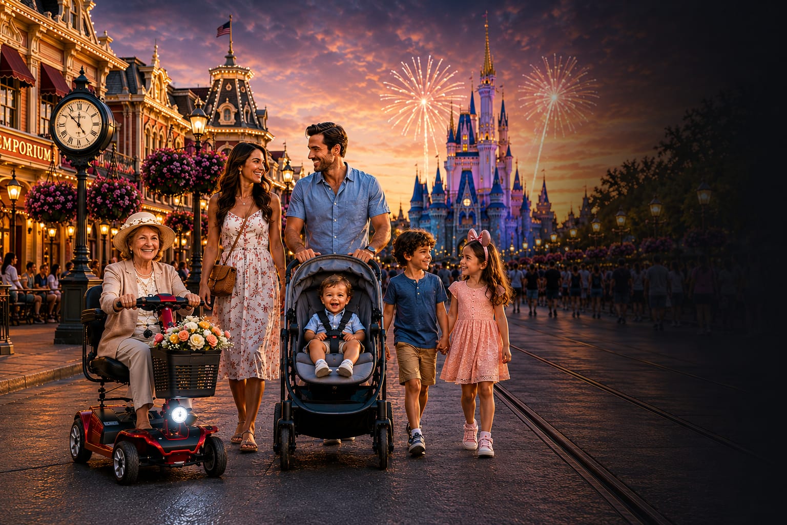 Family at Magic Kingdom at golden hour