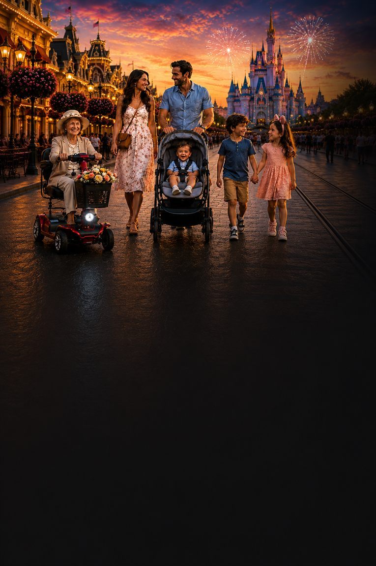 Family at Magic Kingdom — grandmother on a mobility scooter, toddler in a stroller, kids walking at golden hour