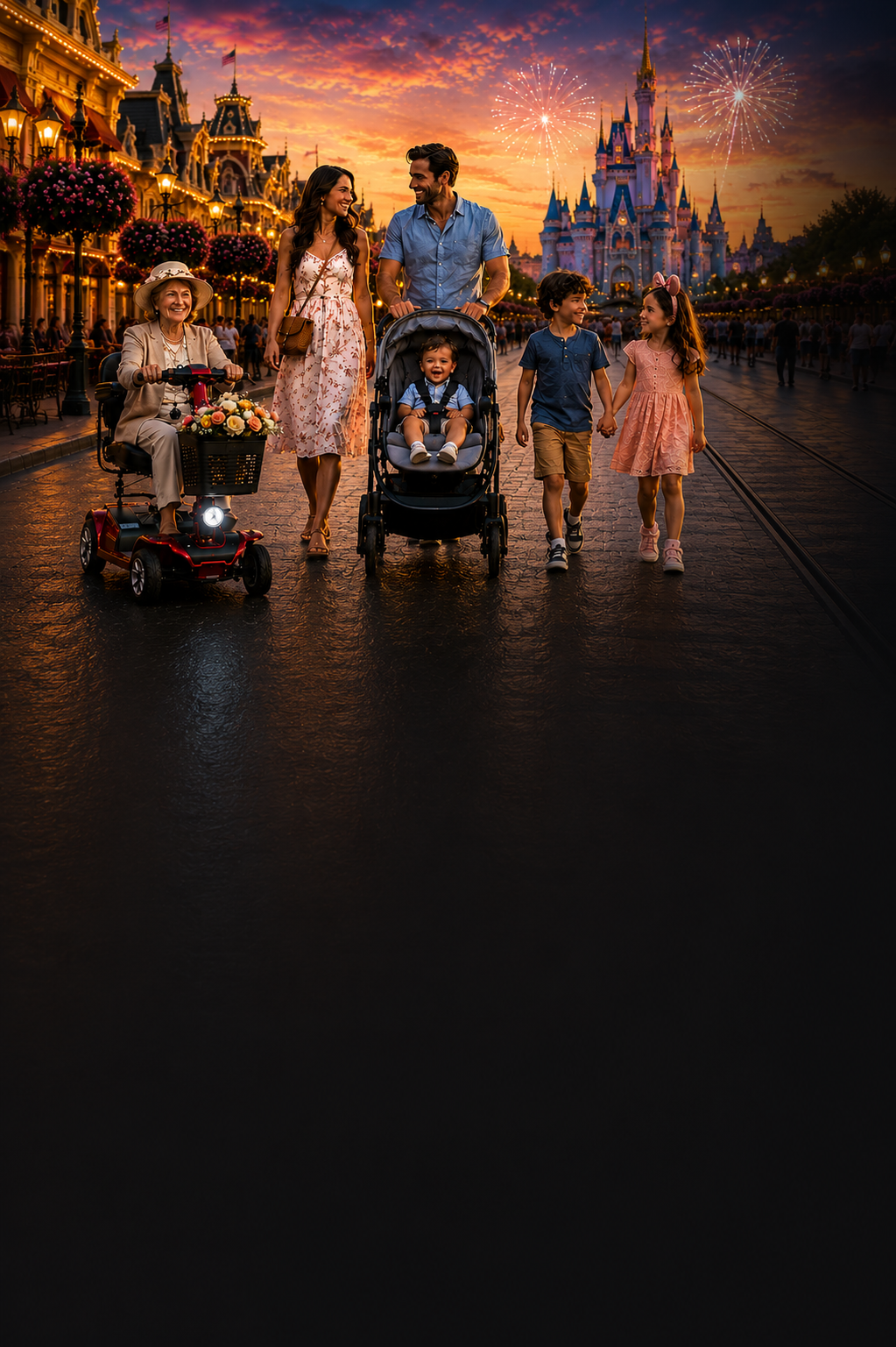 Family at Magic Kingdom — grandmother on a mobility scooter, toddler in a stroller, kids walking at golden hour