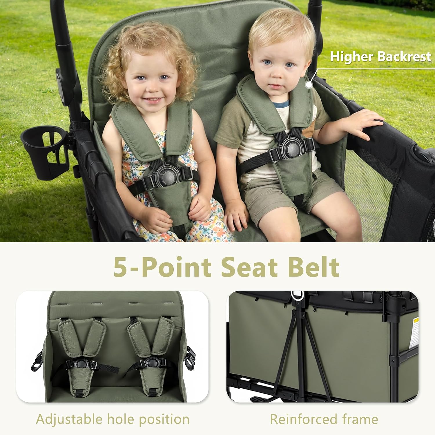 Wagon stroller seat belt harness