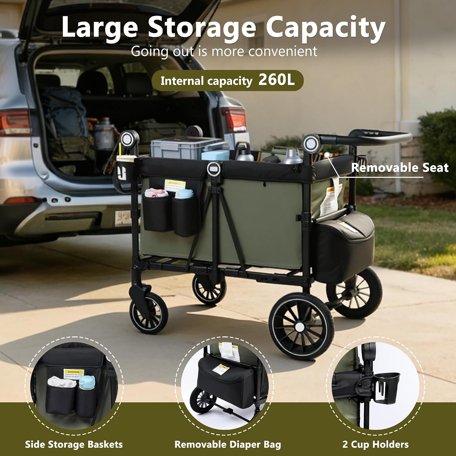Wagon stroller storage basket loaded with park bags