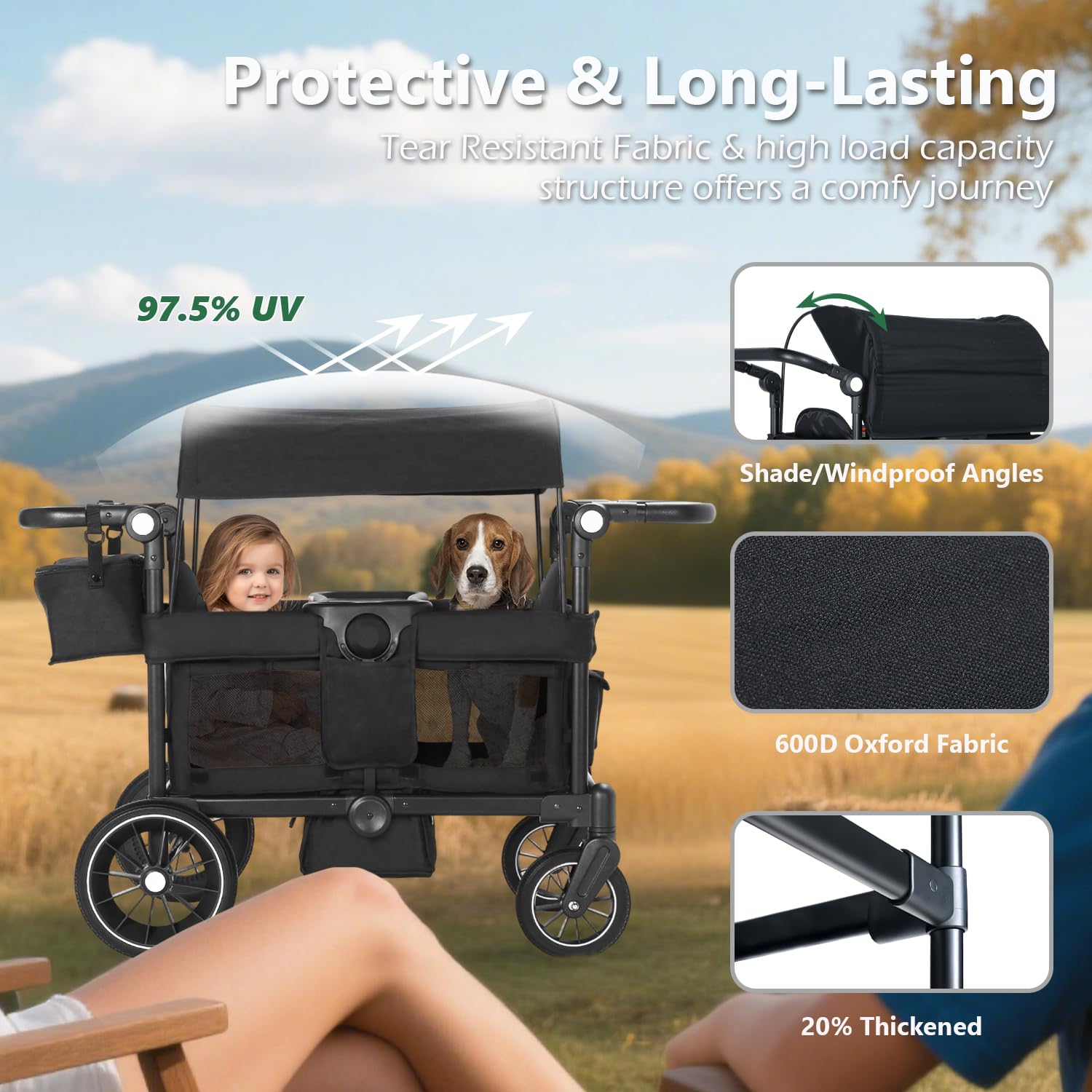 Wagon stroller with the sun and rain cover fitted